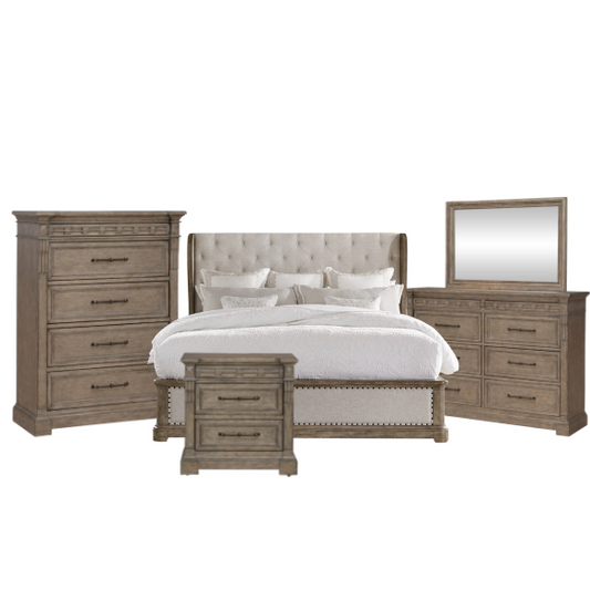 Timeless Elegance Barrigan 6-Piece King Panel Bed, Dresser, Mirror, Chest & Nightstand Set – Dusty Taupe Finish, Burnished Brass Accents, Full Extension Drawers, Cedar & Felt-Lined Drawers, Decorative Fretwork, and Built-in Charging Station