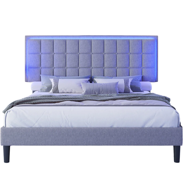 King Size Button-Tufted Platform Bed with LED Headboard, Built-in Charging Station, and Under-Bed Storage – Modern Convenience Meets Stylish Design