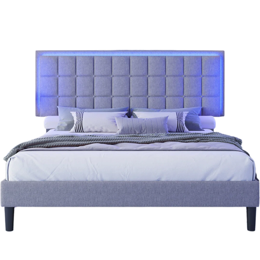 King Size Button-Tufted Platform Bed with LED Headboard, Built-in Charging Station, and Under-Bed Storage – Modern Convenience Meets Stylish Design