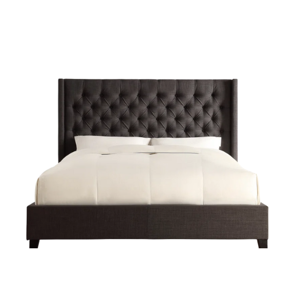 King Size Upholstered Wingback Bed with Linen Fabric, Tapered Legs, and Button Tufted Headboard