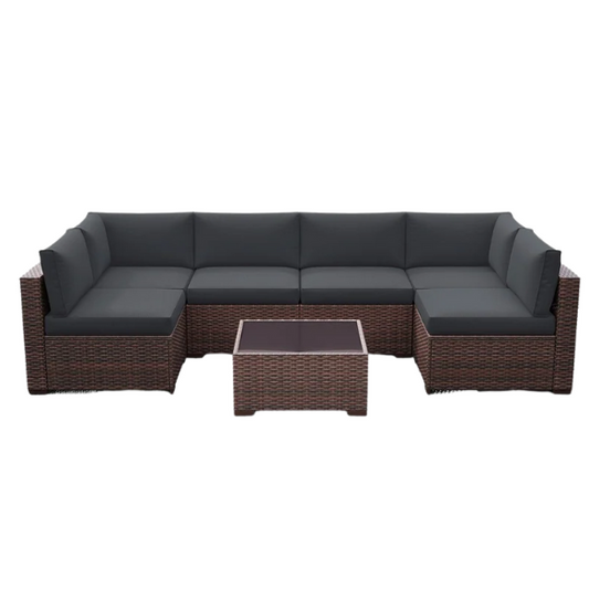 7-Piece Modular Patio Furniture Set | Wicker Outdoor Sectional Sofa with PE Rattan, Plush Pillowtop Cushions, and Coffee Table
