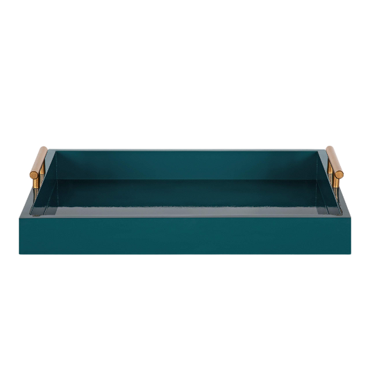 Sleek and Sophisticated Long Rectangular Serving Tray – High Gloss Wood with Polished Metal Handles, Perfect for Entryway, Vanity, or Coffee Table