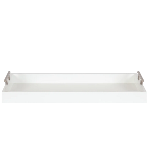 Sleek and Sophisticated Long Rectangular Serving Tray – High Gloss Wood with Polished Metal Handles, Perfect for Entryway, Vanity, or Coffee Table