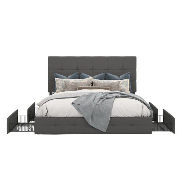 Button Tufted Upholstered Platform Storage Bed – Full Double Size with Spacious Drawers
