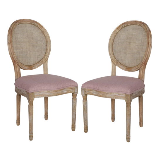 Light Blush Upholstered Dining Chairs with Wicker Back and Distressed Natural Wood Legs (Set of 2) – Farmhouse French Country Accent Seating