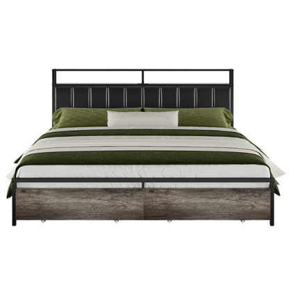 Modern LED King Size Bed Frame with Storage Drawers and Built-in Charging Station