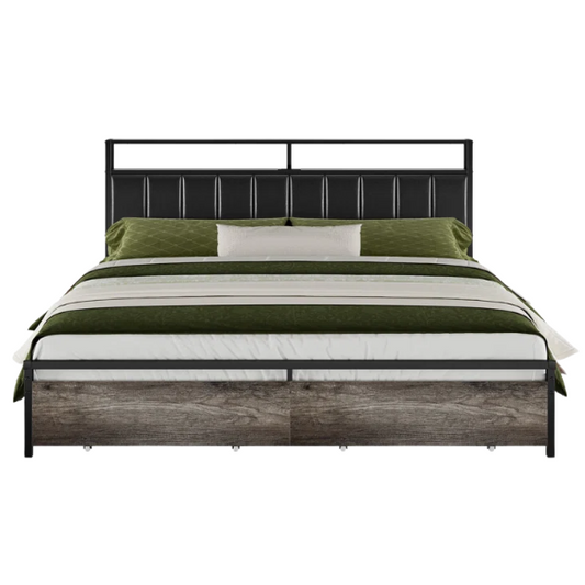 Modern LED King Size Bed Frame with Storage Drawers and Built-in Charging Station