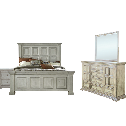 4-Piece Panel Bed, Dresser, Mirror & Nightstand Set with Antique Pewter Accents and Charging Station – Distressed Whitestone Finish, Rubberwood Solids, and Architectural Det