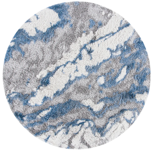 Plush Abstract Blue, Grey, and White Pattern Shag Rug