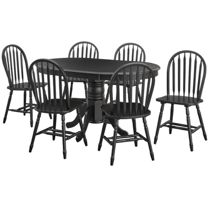 7-Piece Farmhouse Solid Wood Dining Set with Extension Leaf – Pedestal Table & Windsor Chairs