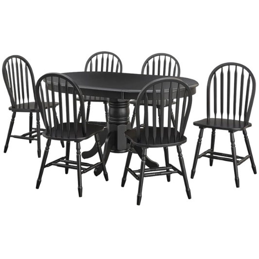 7-Piece Farmhouse Solid Wood Dining Set with Extension Leaf – Pedestal Table & Windsor Chairs