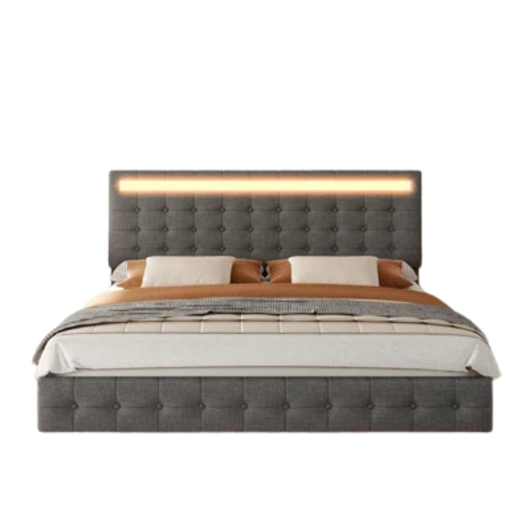 Queen Size LED Lit Platform Bed with Tufted Headboard – Modern and Stylish Design