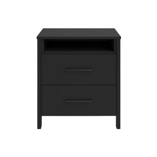 22.7" 2-Drawer Nightstand – Space-Saving Modern Minimalism, Engineered Wood with Clean-Lined Silhouette, Neutral Finish, Open Cubby & 2 Spacious Drawers for Bedroom Storage, Ideal for Tech & Accessories