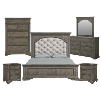 Rustic Driftwood Grey King 5-Piece Bedroom Set – Upholstered Tufted Bed, Nightstand, Dresser with Mirror, and Chest