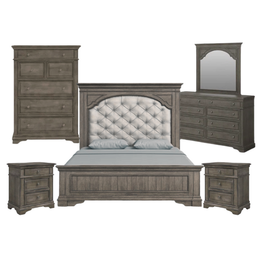 Rustic Driftwood Grey King 5-Piece Bedroom Set – Upholstered Tufted Bed, Nightstand, Dresser with Mirror, and Chest