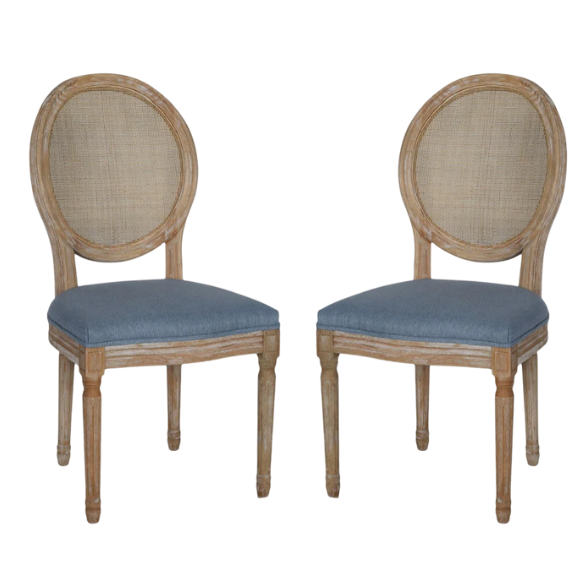 Light Denim Blue Upholstered Dining Chairs with Wicker Back and Natural Wood Frame (Set of 2) – French Country Farmhouse Accent Seating
