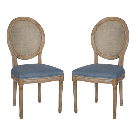 Light Denim Blue Upholstered Dining Chairs with Wicker Back and Natural Wood Frame (Set of 2) – French Country Farmhouse Accent Seating