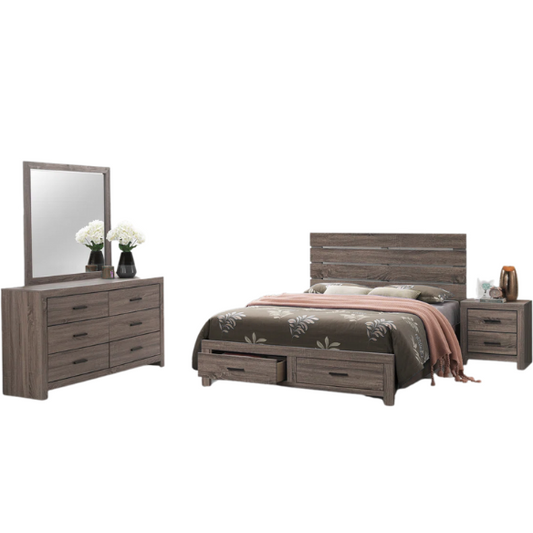 Rustic Charm 4-Piece Platform Queen Bedroom Set – Includes Bed, Nightstand, Dresser, and Mirror with Spacious Storage and Dark Bronze Pull Handles