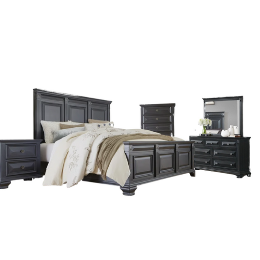 5-Piece King Bedroom Set – Solid Wood Construction with Muted Silver Accents, Fluted Pilasters, French Bracket Foot Bases, and Elegant Dovetail Drawer Detailing for Timeless Sophistication