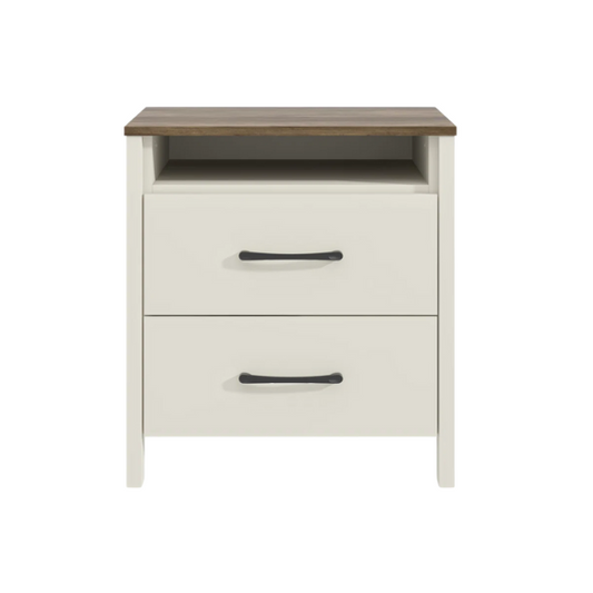 22.7" 2-Drawer Nightstand – Space-Saving Modern Minimalism, Engineered Wood with Clean-Lined Silhouette, Neutral Finish, Open Cubby & 2 Spacious Drawers for Bedroom Storage, Ideal for Tech & Accessories
