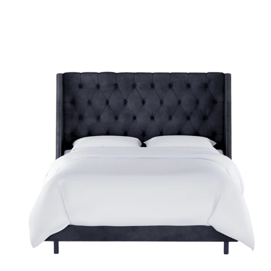 Chic Upholstered Wingback King Size Bed with Button Tufting and Nailhead Trim