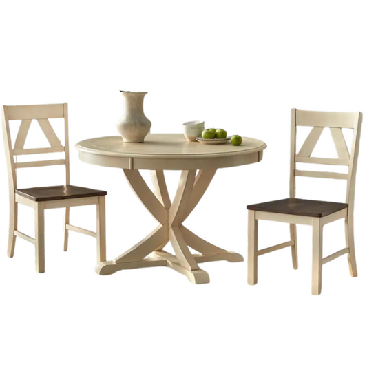 Country-Style 3-Piece Dining Set – Round Beadboard Table with X-Base and Geometric Back Chairs