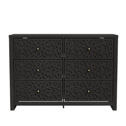 Boho-Inspired 45.4" 6-Drawer Dresser with Distressed Finish and Openwork Floral Details