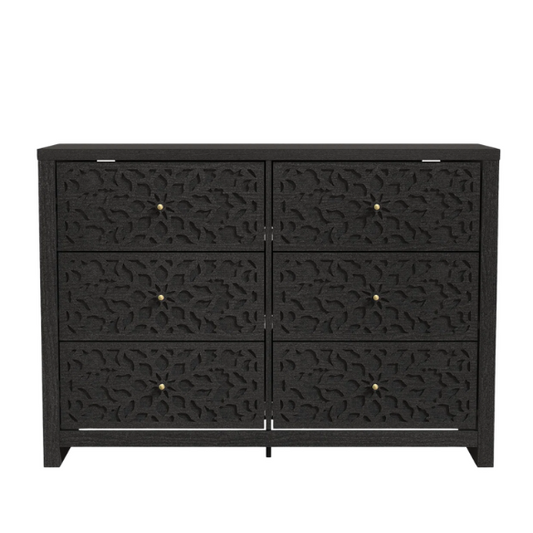 Boho-Inspired 45.4" 6-Drawer Dresser with Distressed Finish and Openwork Floral Details