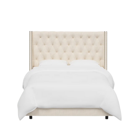 Chic Upholstered Wingback King Size Bed with Button Tufting and Nailhead Trim