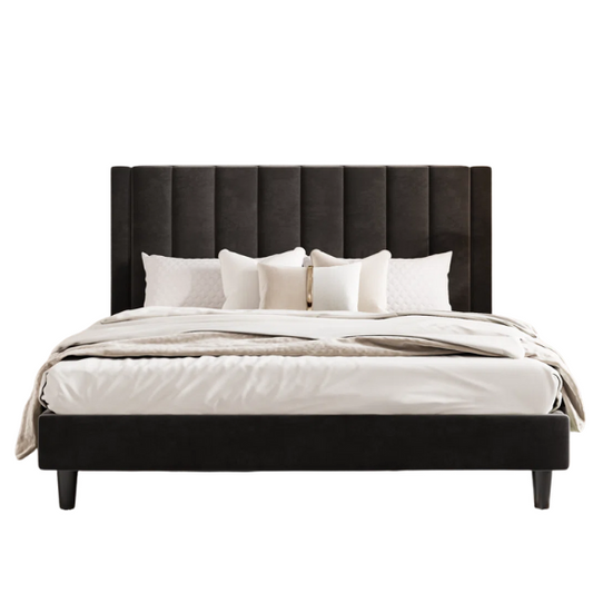 Luxurious Upholstered Platform Bed – Full/Double Size with Velvet Upholstery and Striped Headboard for Elegant Comfort