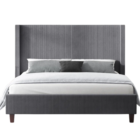 Modern King Size Corduroy Upholstered Bed with Wingback Design – Solid Wood and Metal Frame with Tapered Legs and Extra Cushioned Comfort