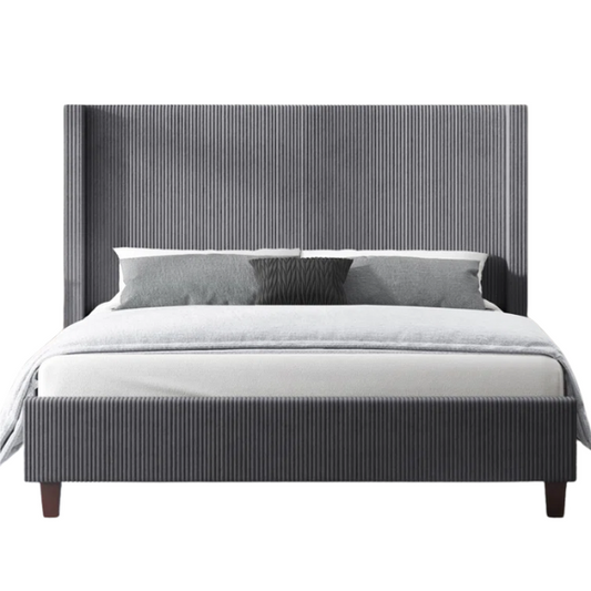 Modern King Size Corduroy Upholstered Bed with Wingback Design – Solid Wood and Metal Frame with Tapered Legs and Extra Cushioned Comfort