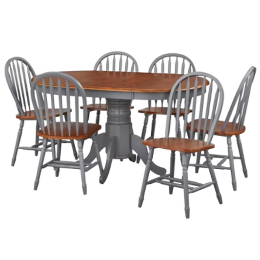 7-Piece Farmhouse Solid Wood Dining Set with Extension Leaf – Pedestal Table & Windsor Chairs