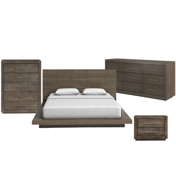 Rustic Mountain Retreat: Solid Wood Platform 4-Piece Bedroom Set – Low-Profile Bed, 9-Drawer Dresser, Nightstand, and Optional 5-Drawer Chest, Crafted from Pine Wood with Warm Finish and Natural Grain Variations for Cozy, Casual Elegance