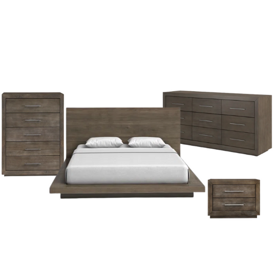 Rustic Mountain Retreat: Solid Wood Platform 4-Piece Bedroom Set – Low-Profile Bed, 9-Drawer Dresser, Nightstand, and Optional 5-Drawer Chest, Crafted from Pine Wood with Warm Finish and Natural Grain Variations for Cozy, Casual Elegance