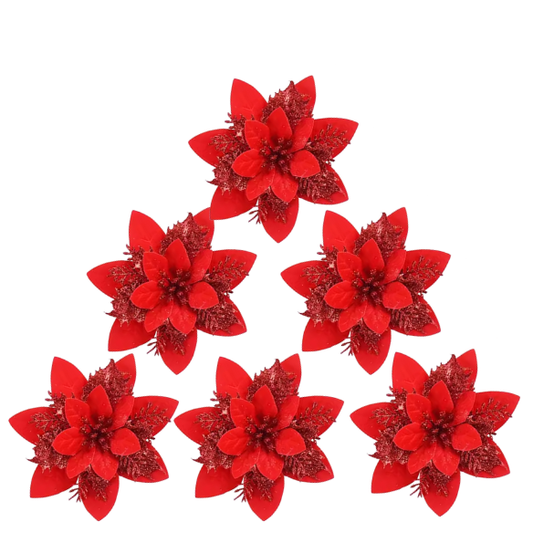 Red Glitter Poinsettia Christmas Flowers – Elegant Artificial Holiday Décor (5 Pieces)