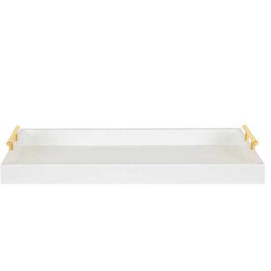Sleek and Sophisticated Long Rectangular Serving Tray – High Gloss Wood with Polished Metal Handles, Perfect for Entryway, Vanity, or Coffee Table