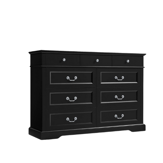 Rustic Modern 9-Drawer 53.5'' Double Dresser with Inset Paneling, Crown Molding, and Customizable Metal Handles