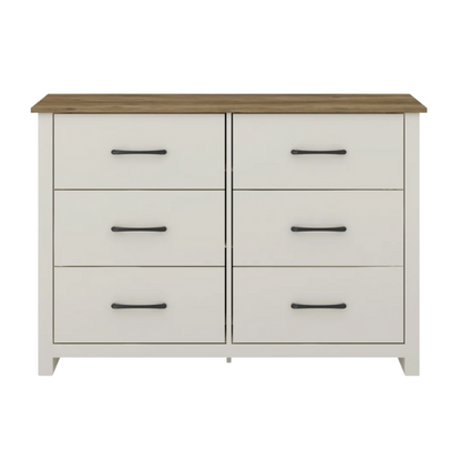 Modern 6-Drawer Double Dresser with Flared Feet and Sleek Black Metal Handles