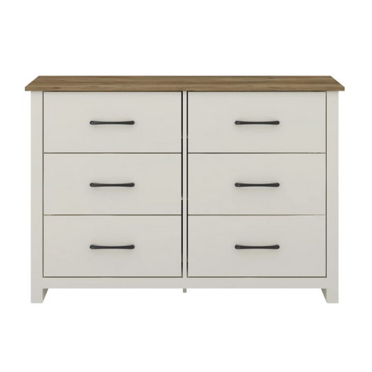Modern 6-Drawer Double Dresser with Flared Feet and Sleek Black Metal Handles