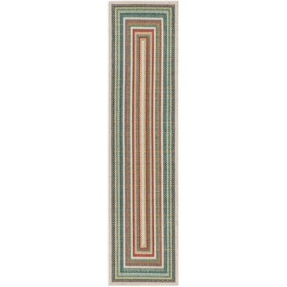 Coastal-Inspired Geometric Rug – Fade & Stain-Resistant, Green & Orange Pattern, Ideal for Indoor/Outdoor Use