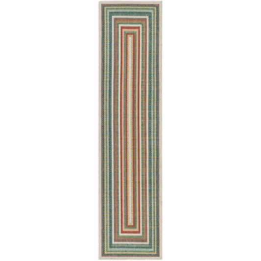 Coastal-Inspired Geometric Rug – Fade & Stain-Resistant, Green & Orange Pattern, Ideal for Indoor/Outdoor Use