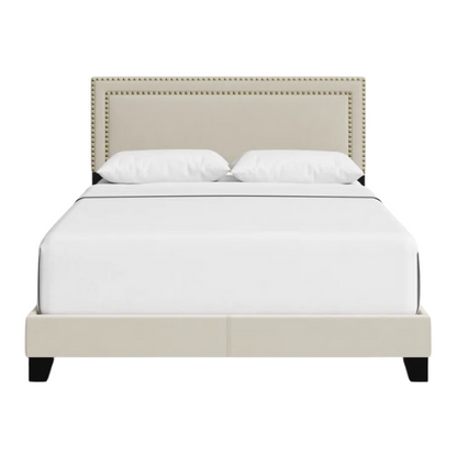 King Size Upholstered Storage Bed with Beige Linen Upholstery, Nailhead Trim, and Adjustable Bed Base Compatibility – Classic Design with Wooden Slats for Extra Support