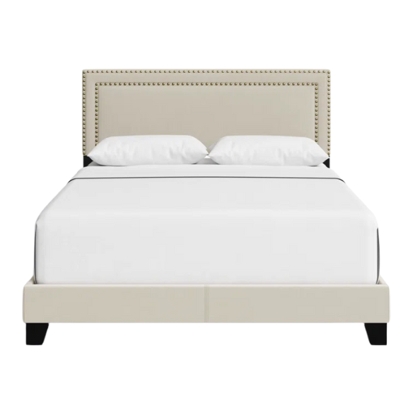 King Size Upholstered Storage Bed with Beige Linen Upholstery, Nailhead Trim, and Adjustable Bed Base Compatibility – Classic Design with Wooden Slats for Extra Support