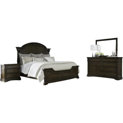 Classic Legacy Queen Bedroom Set – Bed, Dresser, Mirror, and Nightstand in Satin Cherry with Rustic Alder Veneers and Antique Brass Accents