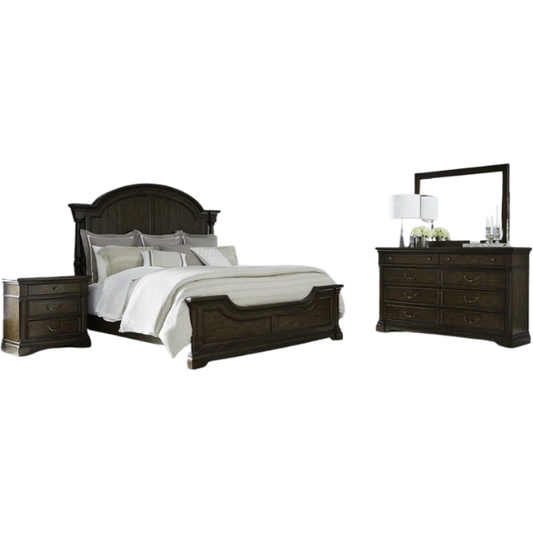 Classic Legacy Queen Bedroom Set – Bed, Dresser, Mirror, and Nightstand in Satin Cherry with Rustic Alder Veneers and Antique Brass Accents