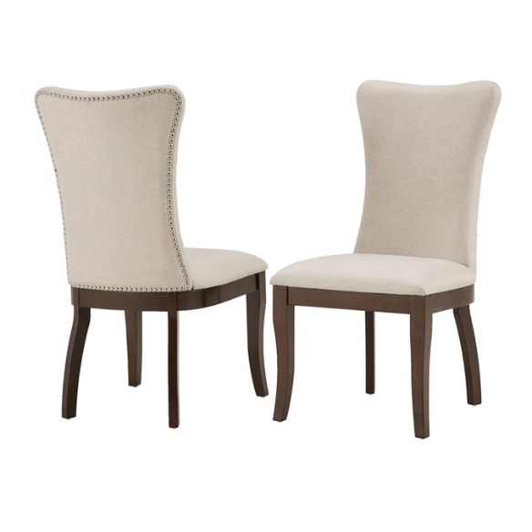 Beige Wingback Upholstered Dining Chairs – Set of 2, Nailhead Trim & Dark Cherry Legs