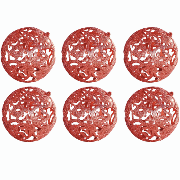 Red Glitter Snowflake Christmas Ball Ornaments – Set of 6 Decorative Holiday Baubles