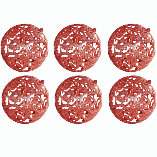 Red Glitter Snowflake Christmas Ball Ornaments – Set of 6 Decorative Holiday Baubles