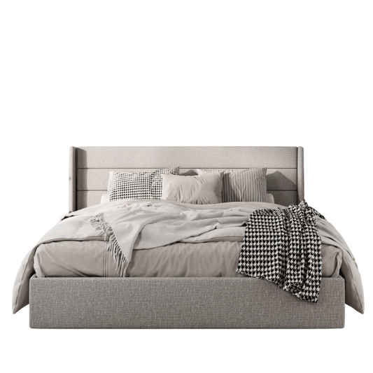 Modern King Size Upholstered Platform Bed with Hydraulic Lift Storage – Sleek Grooved Headboard, Space-Saving Design, and No Box Spring Needed